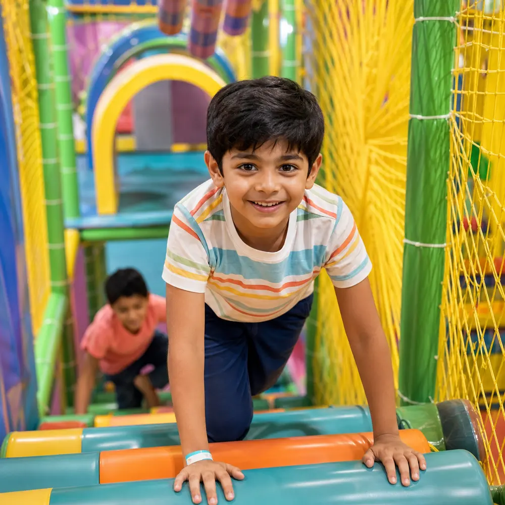 Indian child climbing in a colorful indoor play structure